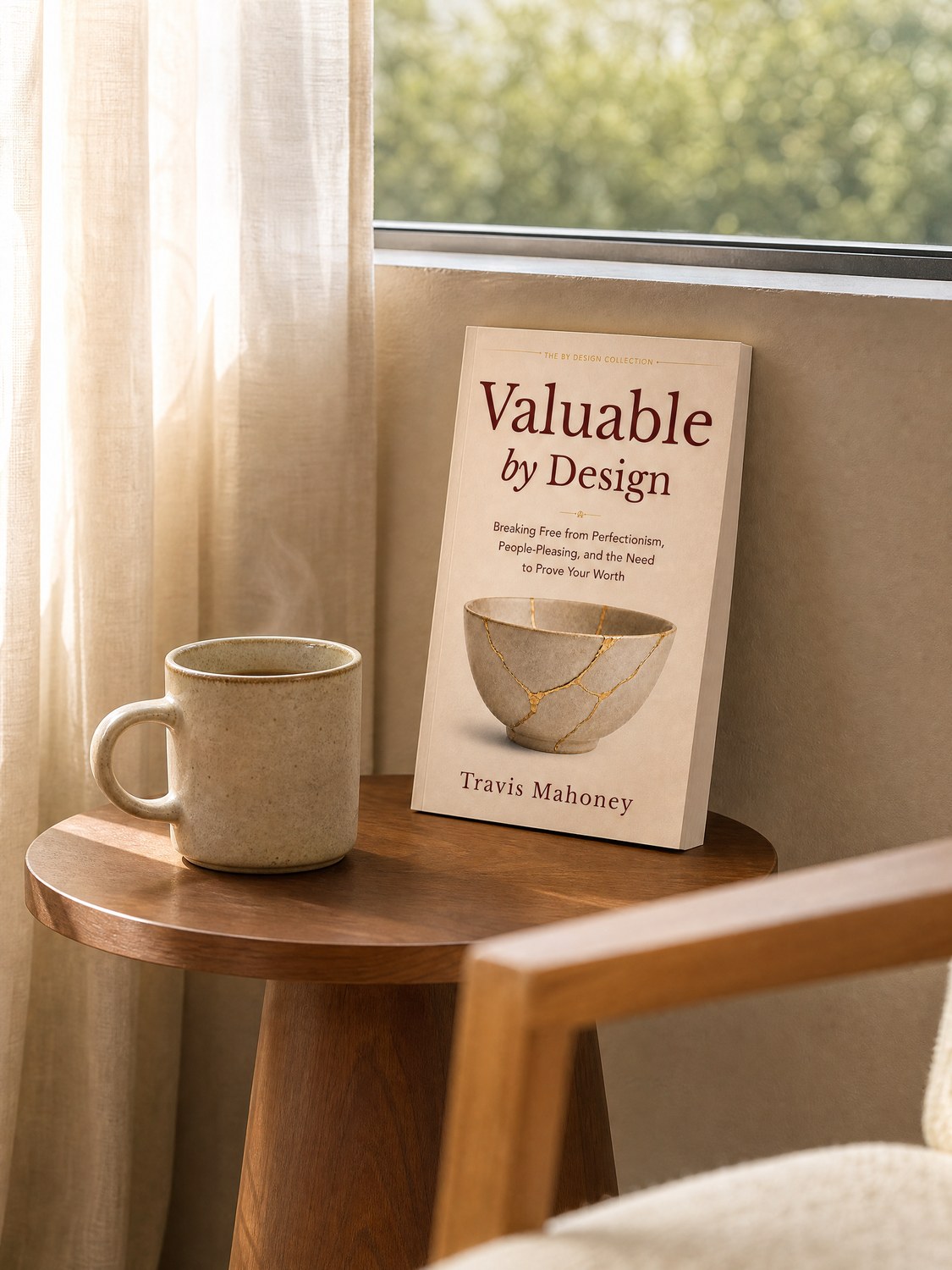 Valuable by Design resting on a windowsill beside a warm cup of coffee